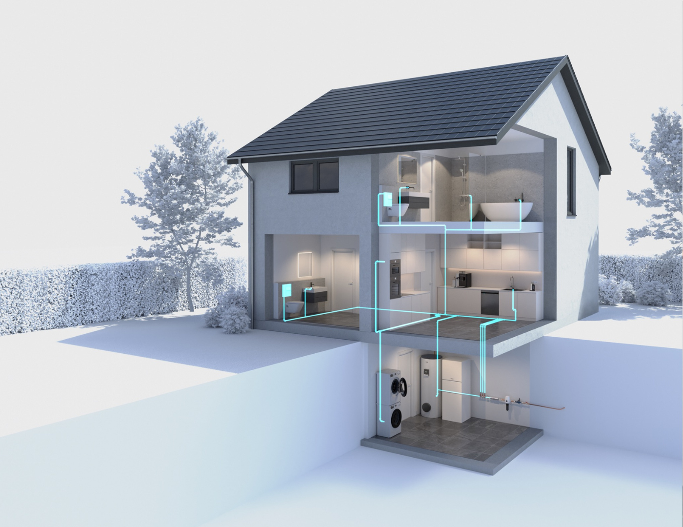 Einbau am Hauswasseranschluss / AQON PURE wird nach der Wasseruhr am Hauswasseranschluss installiert. Dadurch werden Kalkablagerungen im gesamten Haus wie an der Duschwand oder an den Armaturen in der Küche reduziert.