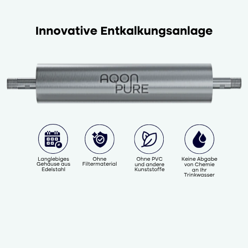 Ausgezeichnete Lösung bei Kalk im Wasser / Die innovative Entkalkungsanlage basiert auf dem Prinzip der Impfkristallbildung. Die Lösung von AQON PURE wurde bereits mehrfach nominiert, ausgezeichnet und in renommierten Publikationen erwähnt. 