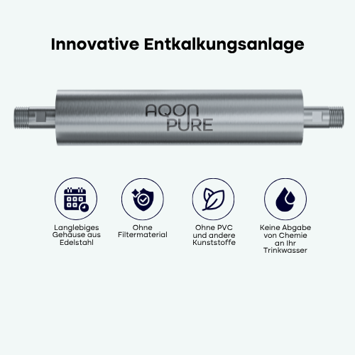 Ausgezeichnete Lösung bei Kalk im Wasser / Die innovative Entkalkungsanlage basiert auf dem Prinzip der Impfkristallbildung. Die Lösung von AQON PURE wurde bereits mehrfach nominiert, ausgezeichnet und in renommierten Publikationen erwähnt. 
