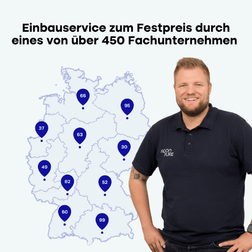 Einbauservice zum Festpreis / Für einen reibungslosen Ablauf arbeiten wir allein in Deutschland mit über 450 Partnerunternehmen der SHK-Branche zusammen. Diese bekommen nach Ihrer Bestellung vorab die Fotos Ihrer Installationsumgebung zugesendet. Somit können sich unsere Partnerunternehmen schon vorab auf die Montage vorbereiten und den Einbau planen.