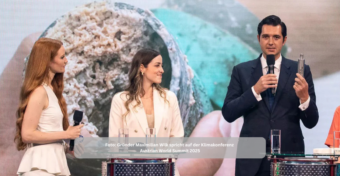 Gründer Maximilian Wilk der AQON PURE Kalkschutzanlage spricht auf der Klimakonferenz Austrian World Summit. 